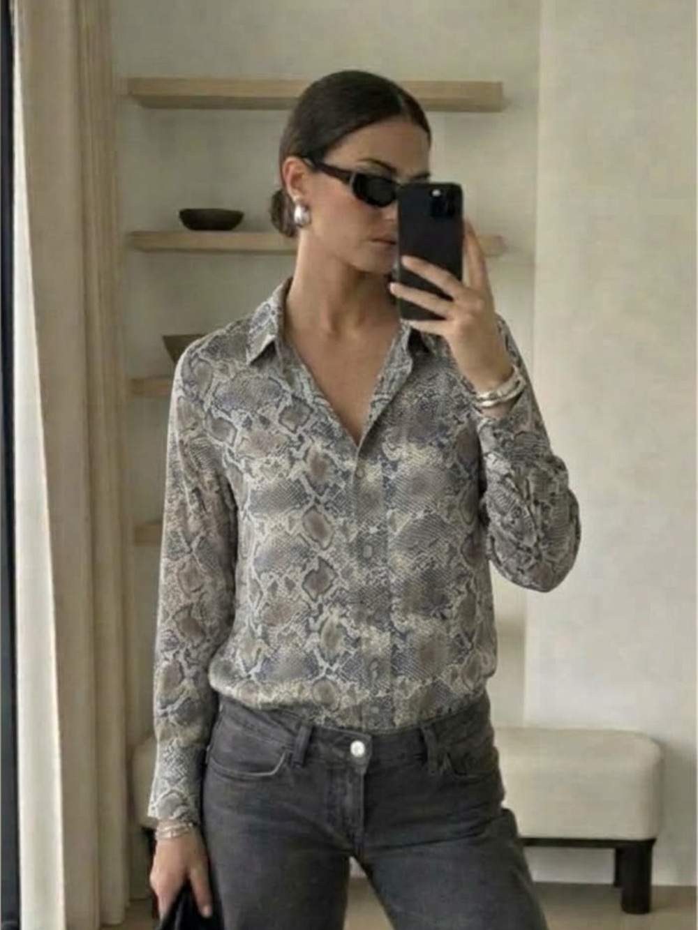 MNG Mango Snake Print Button Down Blouse Small Blue Brown Cream